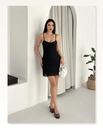 Askılı Mini Elbise Drapeli Göğüs Detay Likralı Yazlık Fit Siyah