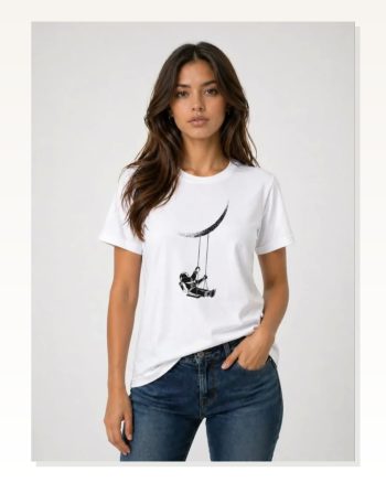 Astronot Ay Temalı Tişört Kısa Kol Yazlık Bisiklet Yaka T-shirt Beyaz