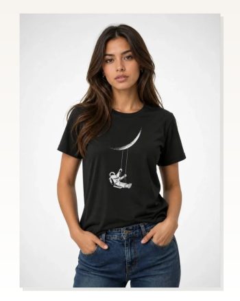Astronot Ay Temalı Tişört Kısa Kol Yazlık Bisiklet Yaka T-shirt Siyah
