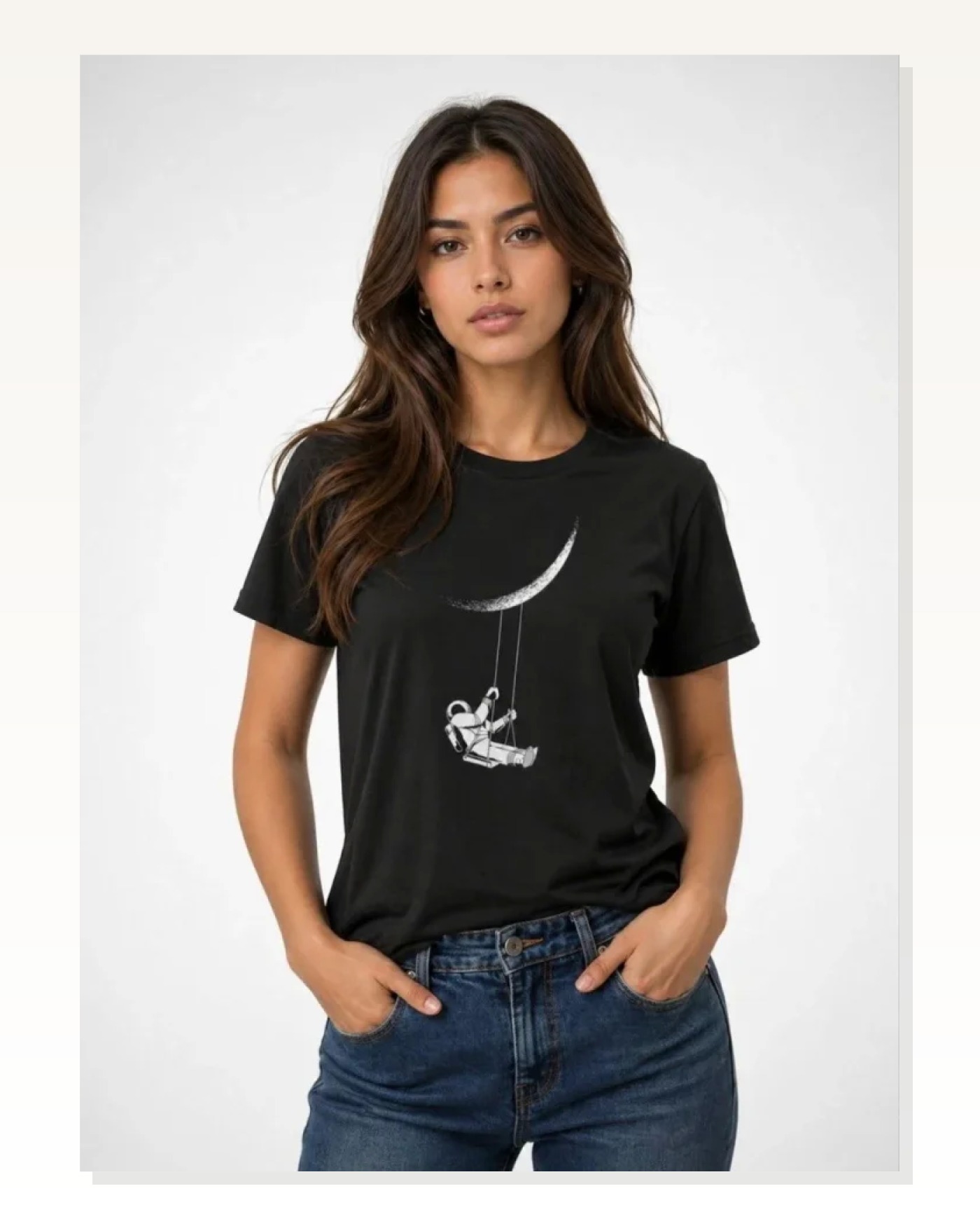 Astronot Ay Temalı Tişört Kısa Kol Yazlık Bisiklet Yaka T-Shirt - Siyah Marketplace blank