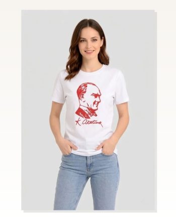 Atatürk Baskılı Tişört Kısa Kollu Bisiklet Yaka T-shirt Beyaz