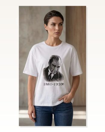 Atatürk Baskılı Tişört Kısa Kollu Bisiklet Yaka T-shirt Beyaz