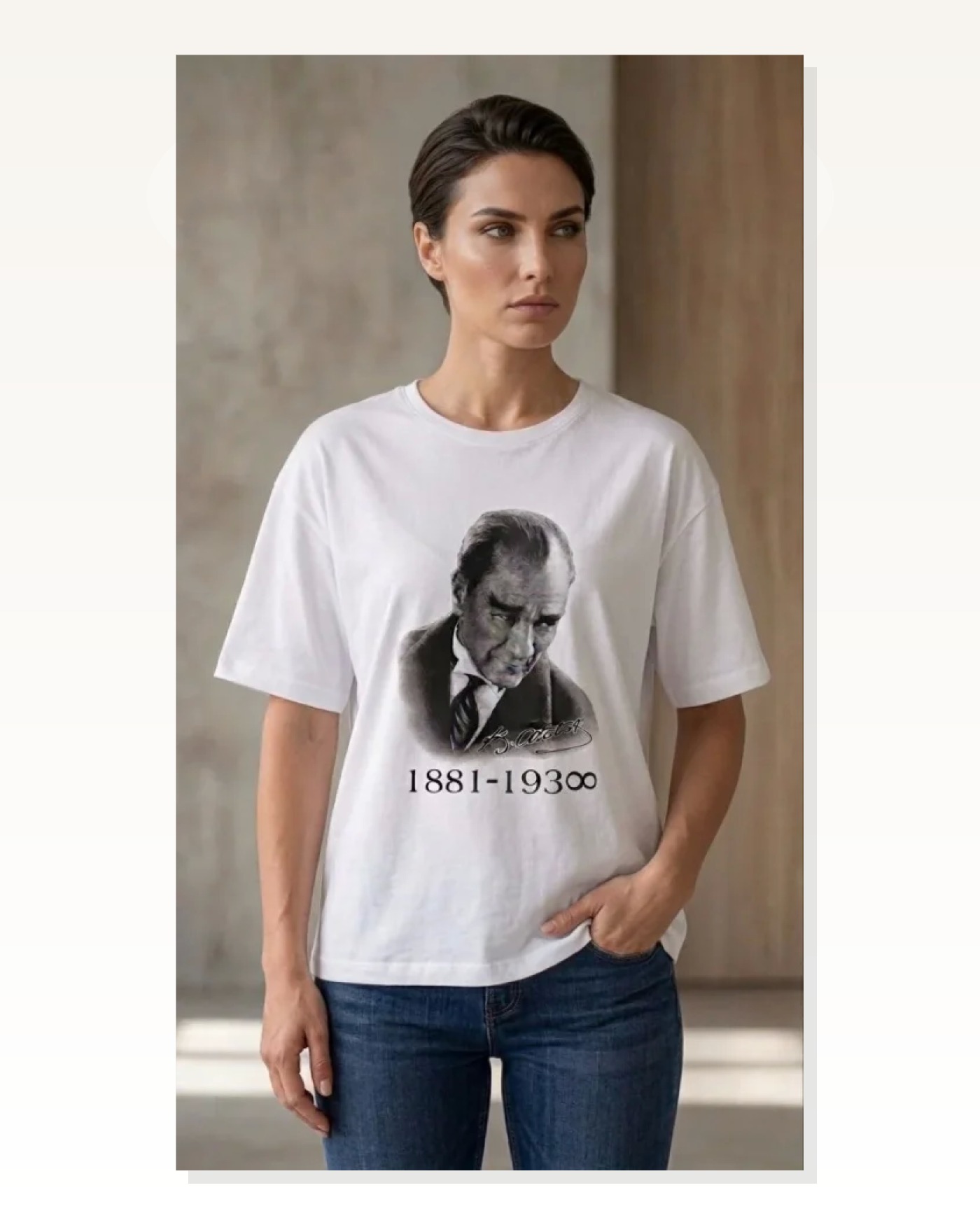 Atatürk Baskılı Tişört Kısa Kollu Bisiklet Yaka T-Shirt - Beyaz Marketplace blank