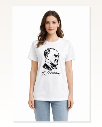Atatürk Baskılı Tişört Kısa Kollu Bisiklet Yaka T-shirt Beyaz