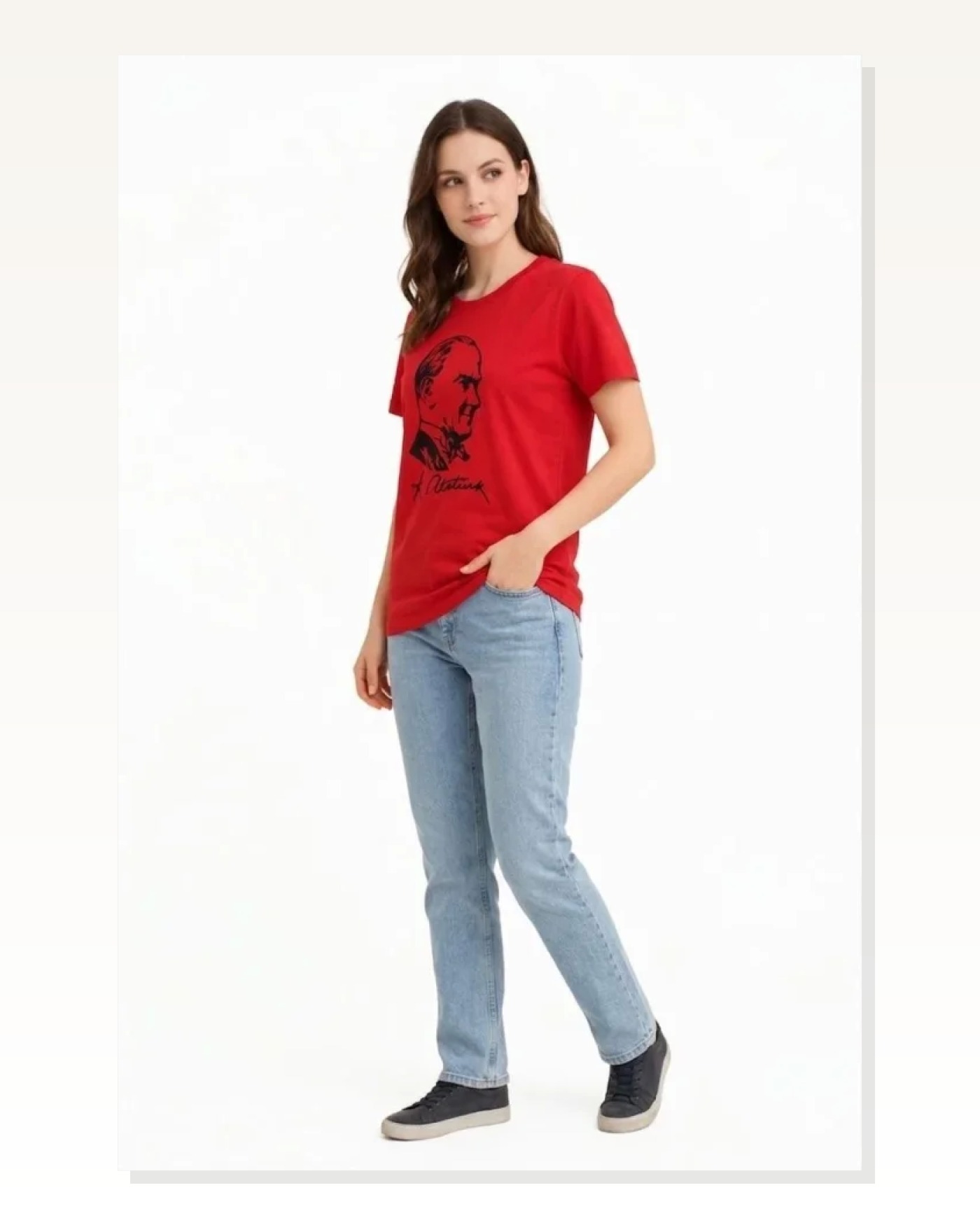 Atatürk Baskılı Tişört Kısa Kollu Bisiklet Yaka T-Shirt - Kırmızı Marketplace blank