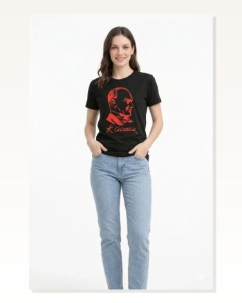Atatürk Baskılı Tişört Kısa Kollu Bisiklet Yaka T-shirt Siyah