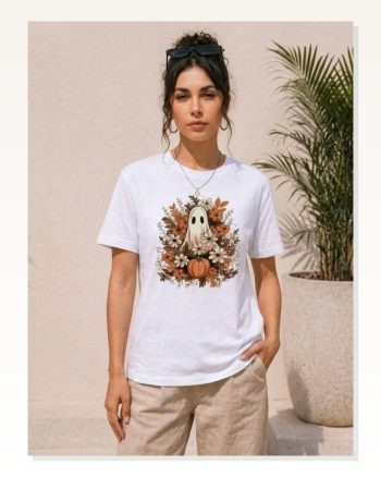 Balkabağı Hayalet Baskılı Tişört Kısa Kol Yazlık T-shirt Beyaz