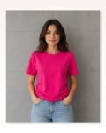 Basic Pamuklu Tişört Bisiklet Yaka Düz Renk Relaxed Fit T-shirt Fuşya