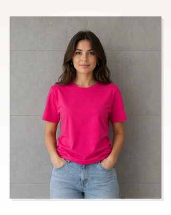 Basic Pamuklu Tişört Bisiklet Yaka Düz Renk Relaxed Fit T-shirt Fuşya