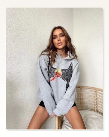 Kadın Baskılı Sokak Stili Gri Kapüşonlu Sweat