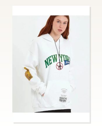 Erkek Baskı Detaylı Günlük Stil Sırt Beyaz Kapüşonlu Sweatshirt