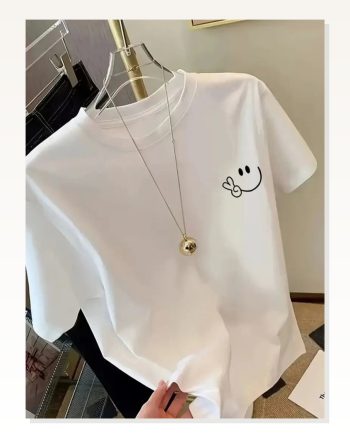 Kadın Baskılı Salaş Stil Beyaz Oversize Bisiklet Yaka Tişört