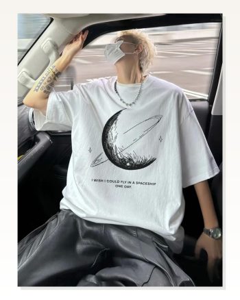 Kadın Baskılı Salaş Stil Beyaz Oversize Bisiklet Yaka Tişört