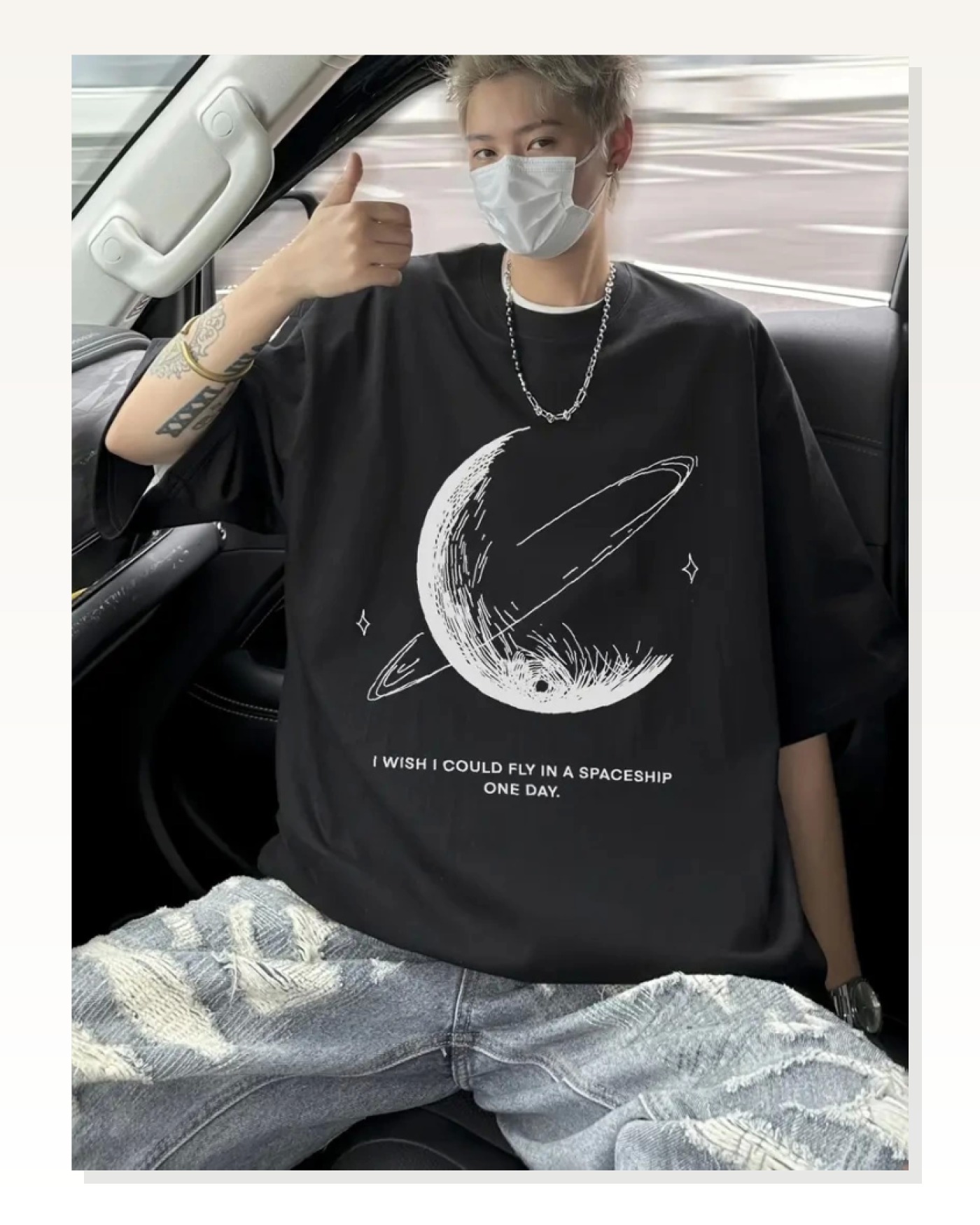Baskılı Kadın Salaş Stil Siyah Oversize Bisiklet Yaka Tişört Marketplace blank