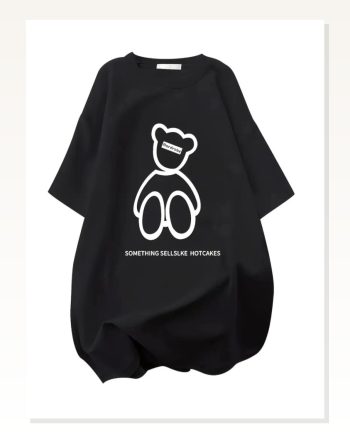 Kadın Baskılı Salaş Stil Siyah Oversize Bisiklet Yaka Tişört