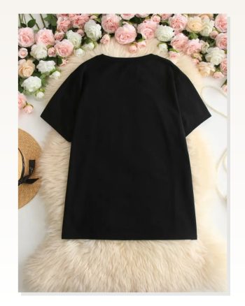 Kadın Baskılı Salaş Stil Siyah Oversize Bisiklet Yaka Tişört