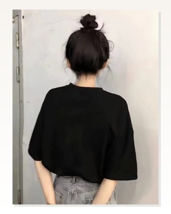 Kadın Baskılı Salaş Stil Siyah Oversize Bisiklet Yaka Tişört