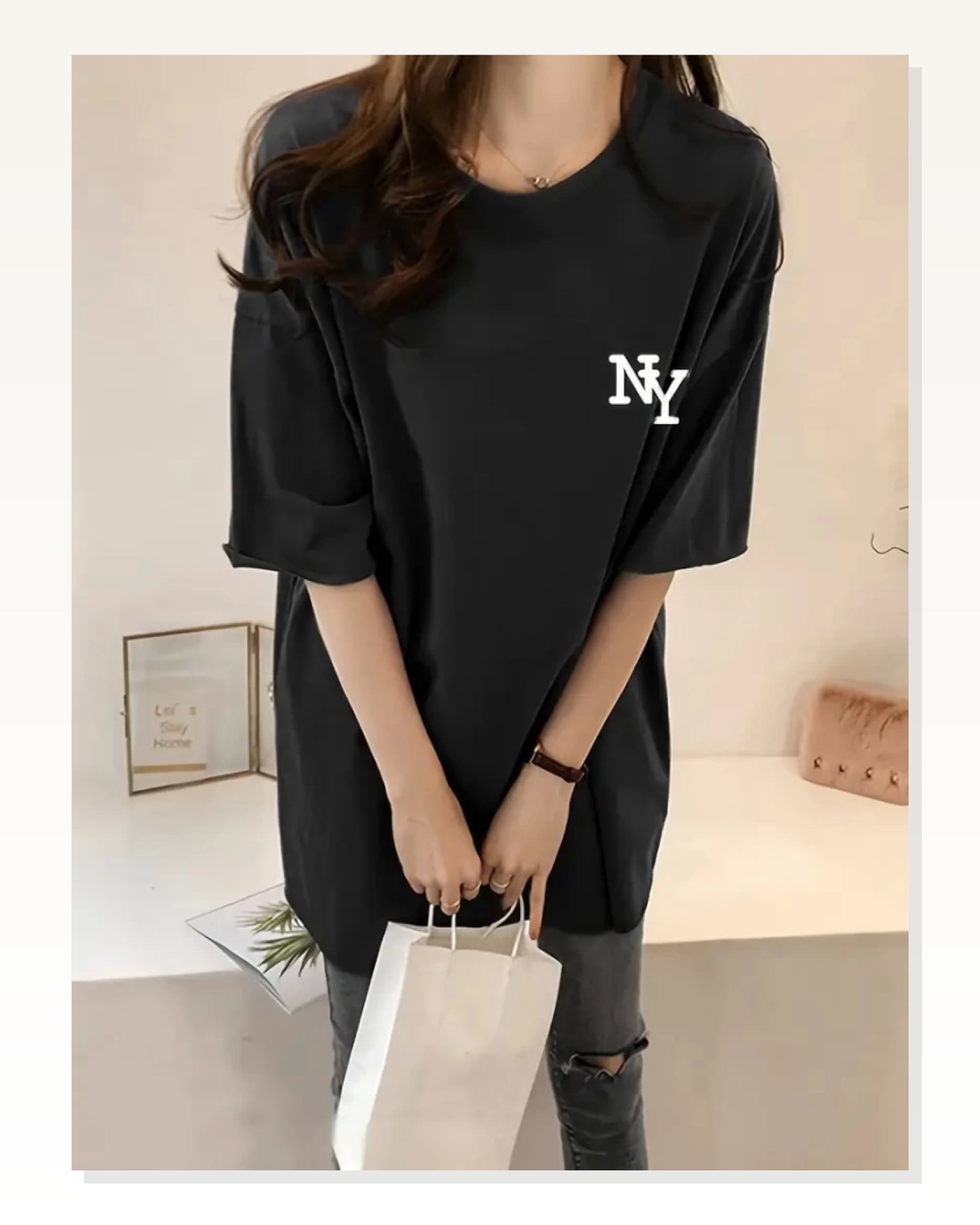 Baskılı Kadın Salaş Stil Siyah Oversize Bisiklet Yaka Tişört Marketplace blank