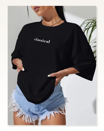 Kadın Baskılı Salaş Stil Siyah Oversize Bisiklet Yaka Tişört