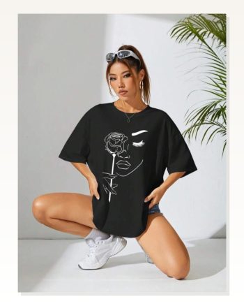 Kadın Baskılı Günlük Stil Siyah Oversize Tişört