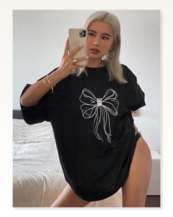 Kadın Baskılı Günlük Stil Siyah Oversize Tişört