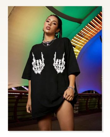 Kadın Baskılı Günlük Stil Siyah Oversize Tişört