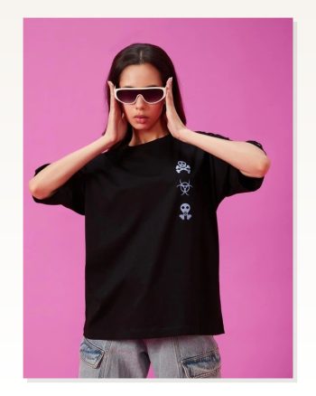 Kadın Baskılı Günlük Stil Siyah Oversize Tişört