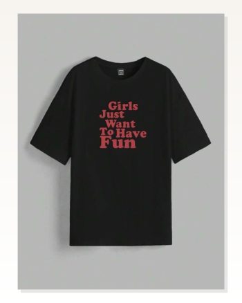 Kadın Baskılı Günlük Stil Siyah Oversize Tişört
