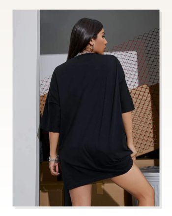 Kadın Baskılı Günlük Stil Siyah Oversize Tişört