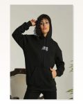 Kadın Baskılı Salaş Stil Siyah Oversize Üç İplik Kapüşonlu Sweatshirt