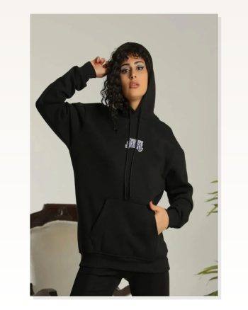Kadın Baskılı Salaş Stil Siyah Oversize Üç İplik Kapüşonlu Sweatshirt