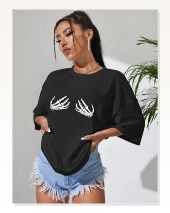 Kadın Baskılı Günlük Stil Siyah Tişört