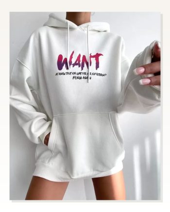 Kadın Baskılı Günlük Stil Beyaz Üç İplik Pamuklu Dokuma Oversize Sweatshirt