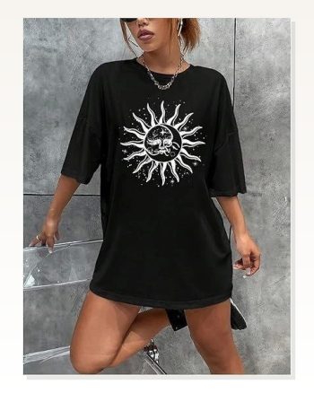 Kadın Baskılı Günlük Stil Siyah Bisiklet Yaka Tişört