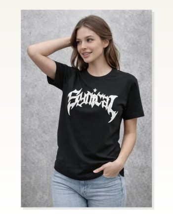 Kadın Baskılı Siyah Bisiklet Yaka Ön Kısa Kollu Streetwear Günlük Basic Pamuklu Tişört