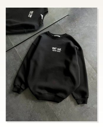 Kadın Baskılı Günlük Stil Siyah Bisiklet Yaka Üç İplik Oversize Sweatshirt