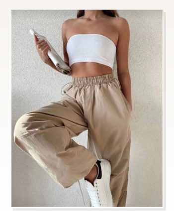 Kadın Modern Stil Bej Cepli Paraşut Pantalon