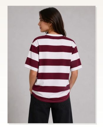 Çizgili Oversize Tişört Bisiklet Yaka Kısa Kol Yazlık T-shirt Bordo