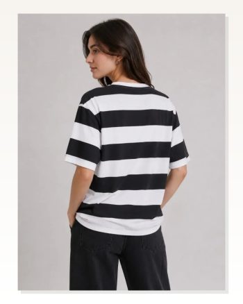 Çizgili Oversize Tişört Bisiklet Yaka Kısa Kol Yazlık T-shirt Siyah