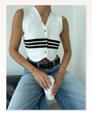 Çizgili Triko Crop Yelek Bluz Ekru 1467.100