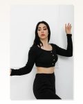 Kadın Modern Stil Düğmeli Mini Crop Bady Siyah P-020494