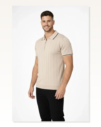 Erkek Günlük Stil Siyah 2’LI Paket Dokuma Triko Fermuarlı Yakalı Fitilli Kısa Kollu Bej Regular Fit Tişört