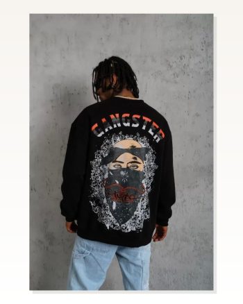 Erkek Gangster Temalı Siyah Üç İplik Kalın Dokuma Sweatshirt