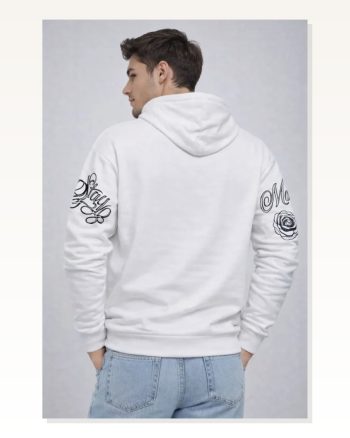 Erkek 3 İplik Pamuklu Kapüşonlu Baskılı Sweatshirt Hoodie Beyaz