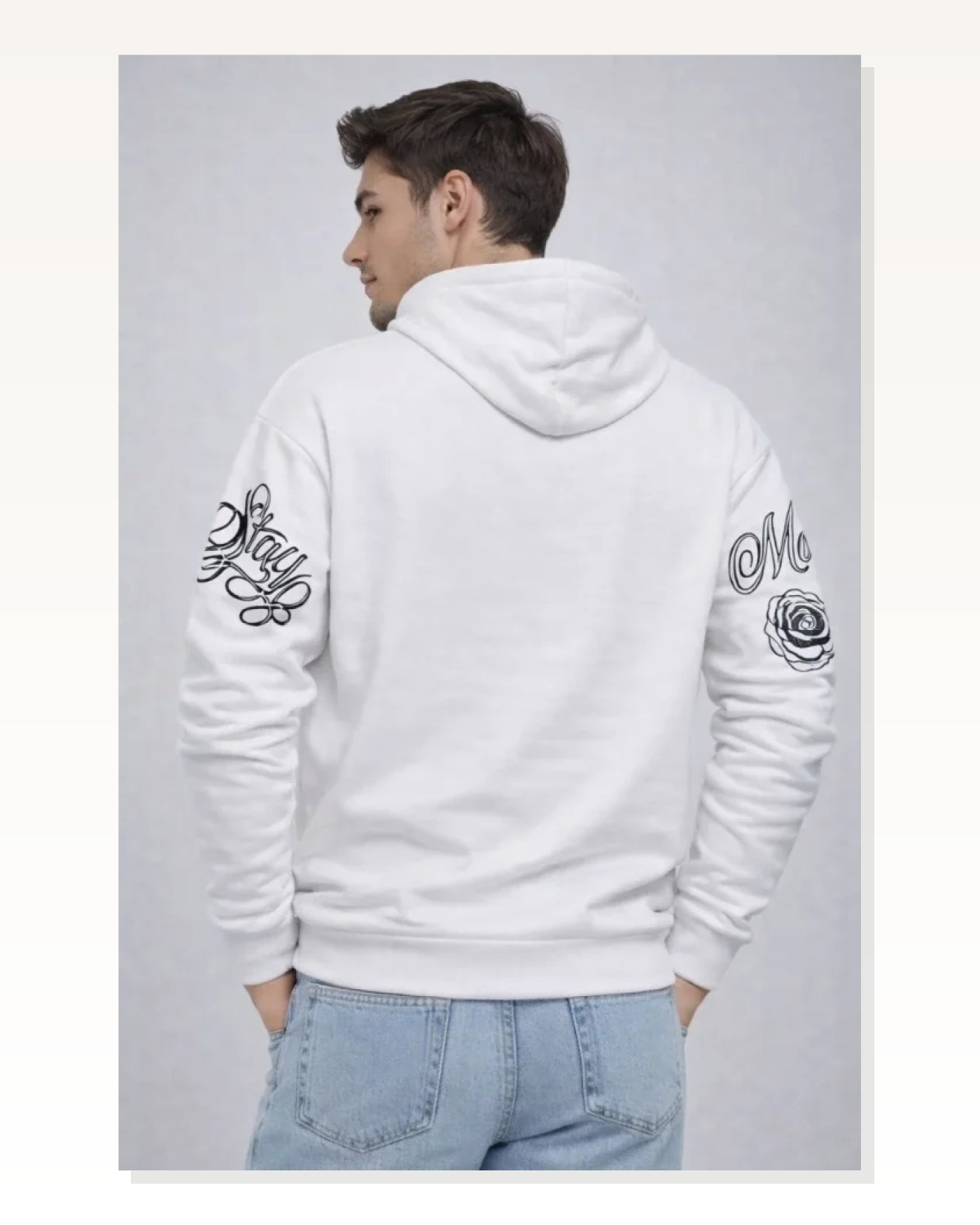 Erkek 3 İplik Pamuklu Kapüşonlu Baskılı SweatShirt Hoodie - Beyaz Marketplace blank