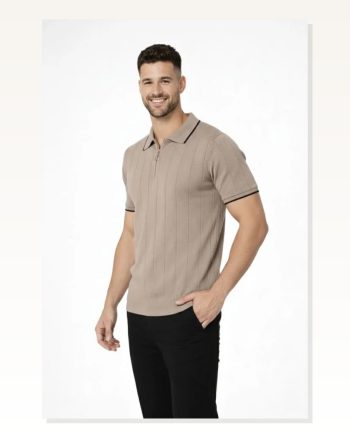 Erkek Günlük Stil Kahverengi, Haki, Siyah 3’Lü Paket Dokuma Triko Fermuarlı Yakalı Fitilli Kısa Kollu Regular