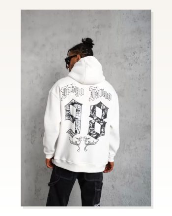 Erkek Baskılı Günlük Stil 98 Numara Beyaz Kapüşonlu Sweatshirt