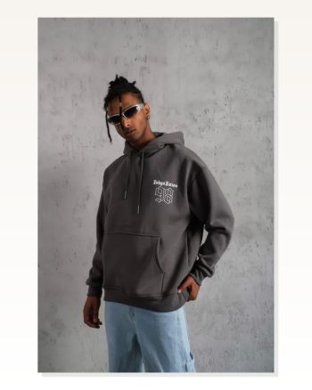 Erkek Sırt Baskılı Günlük Stil 98 Numara Gri Pamuklu Kapüşonlu Sweatshirt