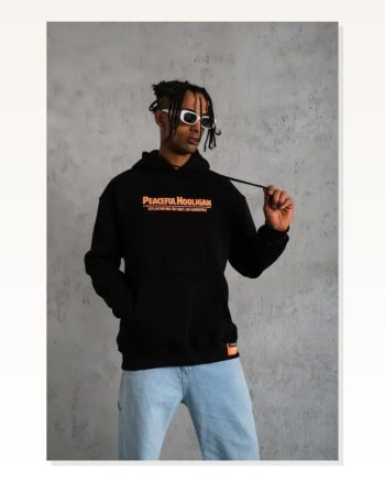 Erkek Baskılı Günlük Stil Siyah Armalı Kapüşonlu Sweatshirt