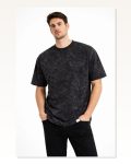 Erkek Günlük Stil Siyah Asit Yıkama Bisiklet Yaka Kısa Kollu Tişört Oversize